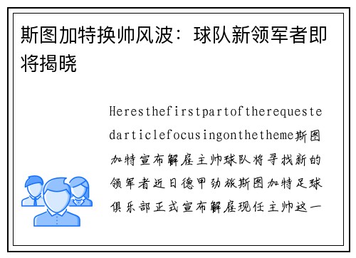 斯图加特换帅风波：球队新领军者即将揭晓
