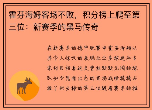 霍芬海姆客场不败，积分榜上爬至第三位：新赛季的黑马传奇