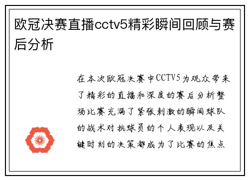 欧冠决赛直播cctv5精彩瞬间回顾与赛后分析