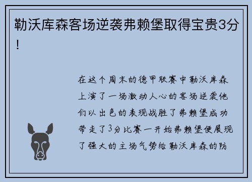 勒沃库森客场逆袭弗赖堡取得宝贵3分！