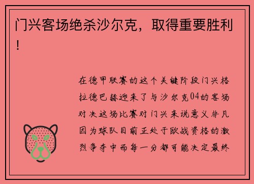 门兴客场绝杀沙尔克，取得重要胜利！